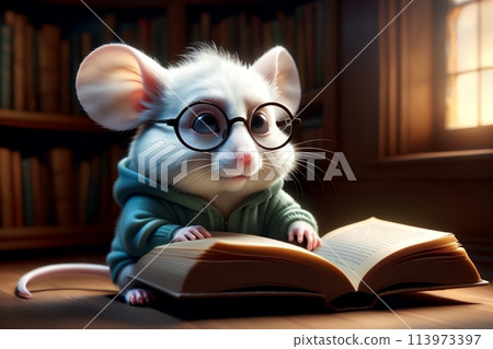 cute adorable white mouse reading a book in the library 113973397
