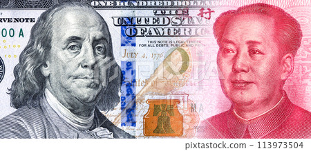 American Dollars banknote with Benjamin Franklin portrait smoothly into the Chinese Yuan with Mao Zedong American Dollars banknote with Benjamin Franklin portrait smoothly into the Chinese Yuan with Mao Zedong 113973504
