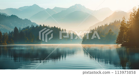 Scenery of Lake, Forest and Mountains, Generative AI 113973858