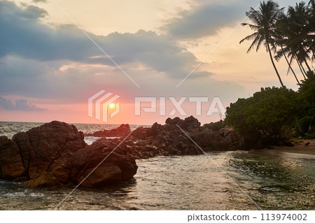 Sunset at tropical beach with golden sky reflecting on calm water. Palm trees silhouette, rocky shoreline at dusk. Peaceful evening seascape, nature tranquility. Sunset at tropical beach with golden sky reflecting on calm water. Palm trees silhouette, rocky shoreline at dusk. Peaceful evening seascape, nature tranquility. 113974002