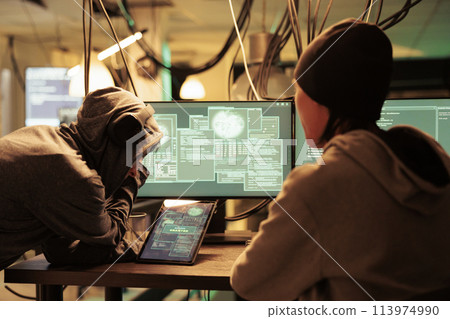 Access granted, successful database hacking, criminal cracking password on digital tablet. Cyberattack, internet thieves stealing electronic information, data breach, malicious software 113974990