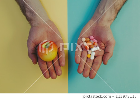 Close up of one hand showing medical pills and one hand showing fruits, Natural or pharmaceutical Close up of one hand showing medical pills and one hand showing fruits, Natural or pharmaceutical 113975113