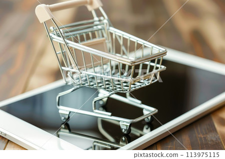 Shipping paper boxes inside shopping cart trolley on tablet and copy space, Online shopping concept 113975115