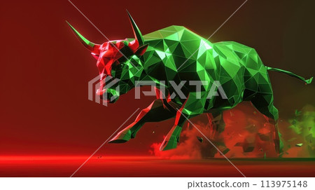 A green bull made out of polygon shape in 3d flying on a red background, Bull run or bullish market 113975148