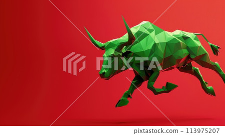 A green bull made out of polygon shape in 3d flying on a red background, Bull run or bullish market 113975207