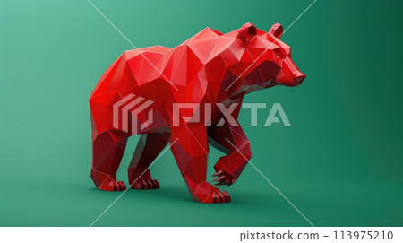 A red bear made out of polygon shape in 3d flying on a green background, Bearish Stock Market A red bear made out of polygon shape in 3d flying on a green background, Bearish Stock Market 113975210