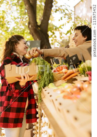 Happy female client buying organic bio fruits and vegetables at local farmers market. Cheerful customer holding box with various seasonal produce at harvest fair festival booth. 113975452
