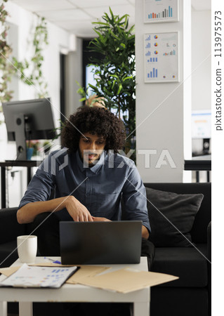 Arab executive manager working at start up project development in business office. Young businessman sitting on couch at workspace and checking marketing research on laptop 113975573
