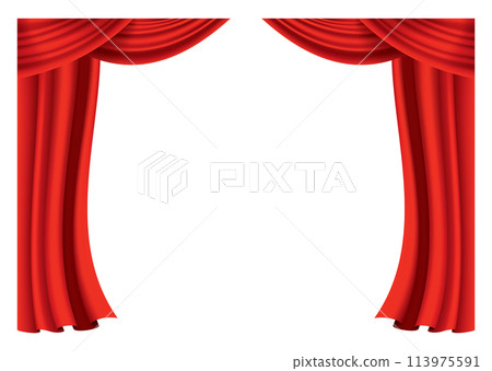 Red curtains realistic. Theater fabric silk decoration for movie cinema or opera hall. Curtains and draperies interior decoration object. Isolated on transparent for theater stage Red curtains realistic. Theater fabric silk decoration for movie cinema or opera hall. Curtains and draperies interior decoration object. Isolated on transparent for theater stage 113975591