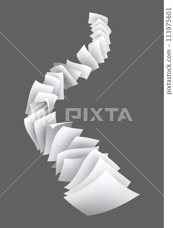 Realistic falling paper sheets. Set of flying curved leaves of paper. Vector loose soar of notes with curled edges. Fly scattered notes, empty chaotic paperwork 113975601