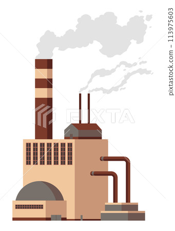 Factory industrial. Manufactory industrial building refinery factory or nuclear power station. Complex of chemical plant buildings isolated on white background 113975603