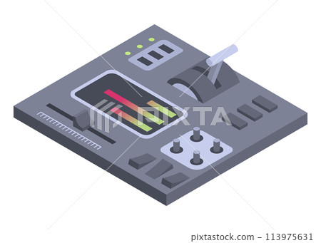 Isometric control panel spaceship with slider, controllers, buttons. 3d dashboard on white background. Aircraft toggle switches panel vector illustration 113975631