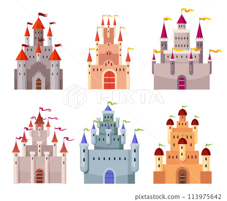 Fairy tale castle set. Medieval royal mansion architecture. Beautiful fairy-tale towers for princess, historic fortified buildings. Knight castle. Isolated cartoon vector illustration Fairy tale castle set. Medieval royal mansion architecture. Beautiful fairy-tale towers for princess, historic fortified buildings. Knight castle. Isolated cartoon vector illustration 113975642