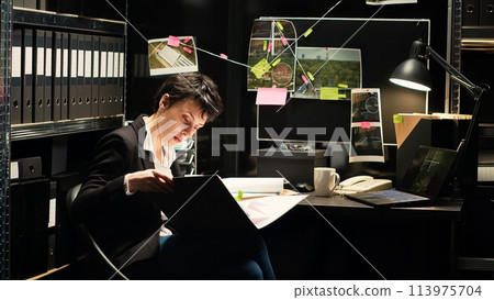 Police investigator reading classified documents to find out about new criminal case file, detective work. Woman expert conducting investigation to unncover clues and find killer. 113975704