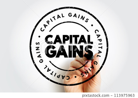 Capital Gains - increase in a capital asset's value and is realized when the asset is sold, text concept stamp Capital Gains - increase in a capital asset's value and is realized when the asset is sold, text concept stamp 113975963