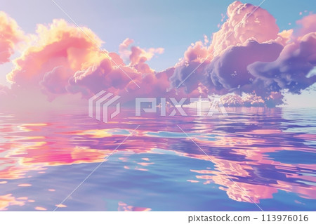 Tranquil ocean view with whimsical, pastel-hued clouds mirroring on calm waters 113976016