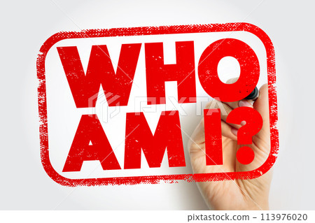 Who Am I Question text stamp, concept background 113976020