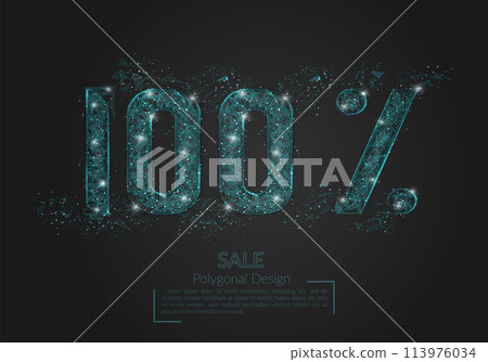 Abstract isolated blue 100 percent sale concept. Polygonal illustration looks like stars in the black night sky in space or flying glass shards. Digital design for website, web, internet. 113976034