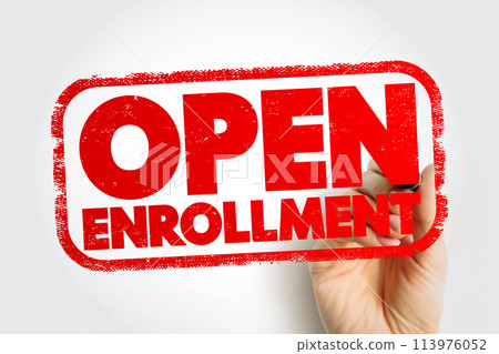 Open Enrollment - period each year when you can purchase and apply for health insurance for the upcoming year, text concept stamp 113976052