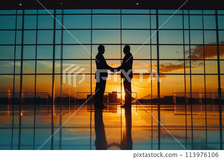 Silhouettes of two businessmen shaking hands in an office with sunset view Silhouettes of two businessmen shaking hands in an office with sunset view 113976106