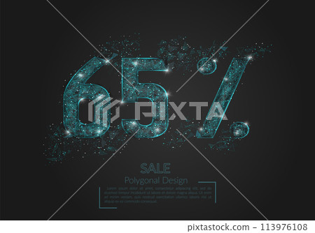 Abstract isolated blue 65 percent sale concept. Polygonal illustration looks like stars in the black night sky in space or flying glass shards. Digital design for website, web, internet. 113976108