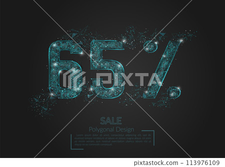 Abstract isolated blue 65 percent sale concept. Polygonal illustration looks like stars in the black night sky in space or flying glass shards. Digital design for website, web, internet. 113976109