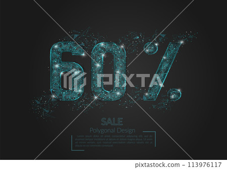 Abstract isolated blue 60 percent sale concept. Polygonal illustration looks like stars in the black night sky in space or flying glass shards. Digital design for website, web, internet. 113976117
