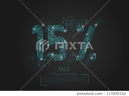 Abstract isolated blue 15 percent sale concept. Polygonal illustration looks like stars in the black night sky in space or flying glass shards. Digital design for website, web, internet. 113976182