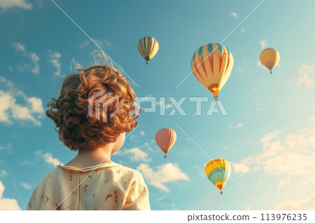 Child admires vibrant hot air balloons drifting in a blue sky with warm sunlight 113976235