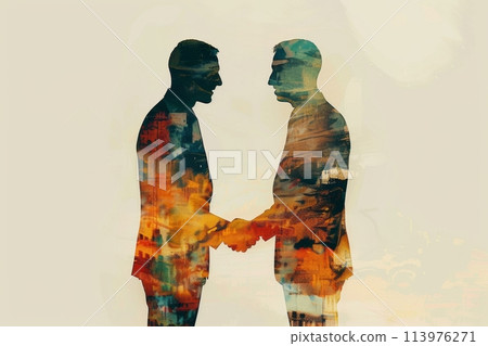 Artistic double exposure image showcasing a handshake superimposed with urban landscape 113976271