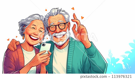 友善的年長夫婦拿著智慧型手機微笑 113976321