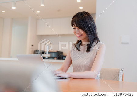 在家工作的年輕女子 在家工作的年輕女子 113976423