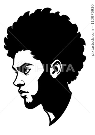 Black African Afro American male portrait face vector silhouette of a hairstyle with curly hair. Stencil drawing of a human man head profile isolated on white .Vinyl wall sticker decal .Print. Cameo 113976930