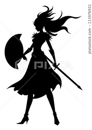 A black silhouette of an elegant warrior girl in armor with a round shield, hair fluttering in the wind and a large axe. 2d art 113976931