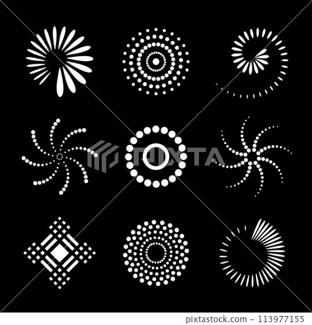 Design Elements Set. Abstract White Dots Icons on Black Background. Design Elements Set. Abstract White Dots Icons on Black Background. 113977155