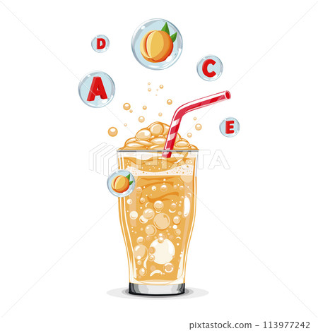 Healthy orange peach oxygen cocktail with air bubbles. Isolated vector summer drink for design 113977242