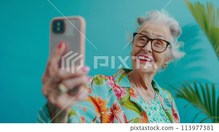Cheerful elderly lady takes a selfie and records a video blog against a vibrant blue backdrop Cheerful elderly lady takes a selfie and records a video blog against a vibrant blue backdrop 113977381