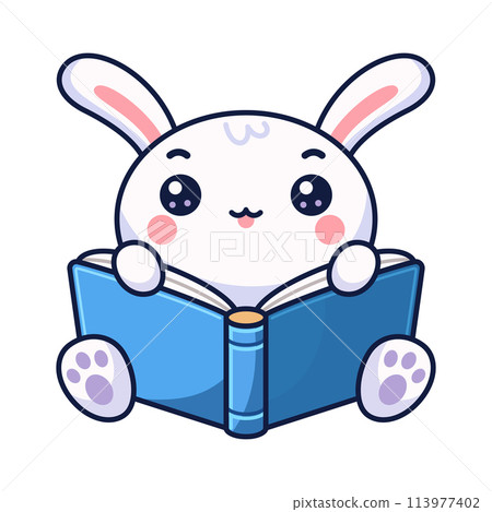 Children's Book Icon with Cute Rabbit in Cartoon Style 113977402