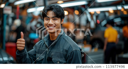 portrait of smiling asian mechanic showing thumbs up in auto repair shop 113977496