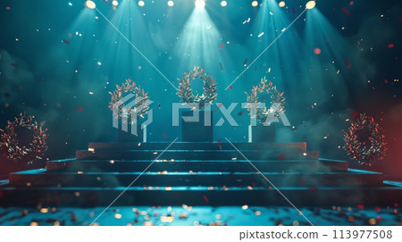 Golden laurel wreaths and confetti on illuminated podiums against a festive backdrop 113977508