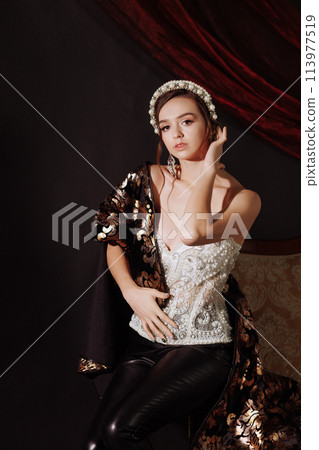 A woman in a Renaissance dress in a gold picture frame on a red background. A woman in a Renaissance dress in a gold picture frame on a red background. 113977519