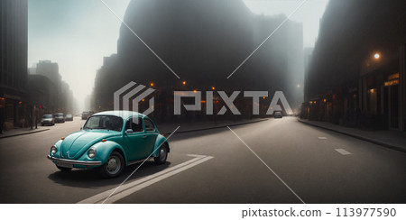 Retro car beetle on the streets of a big city with skyscrapers Retro car beetle on the streets of a big city with skyscrapers 113977590