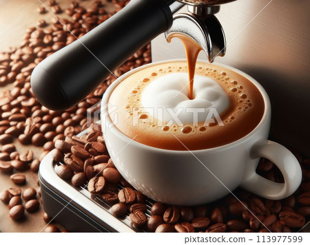 cup of coffee on coffee beans background 113977599