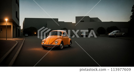 Retro car beetle on the streets of a big city with skyscrapers Retro car beetle on the streets of a big city with skyscrapers 113977609