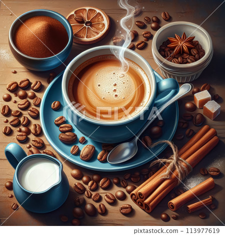 cup of coffee with cinnamon and anise 113977619