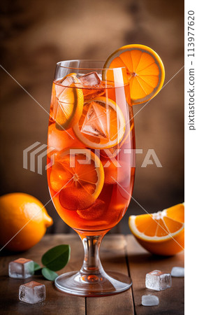 Orange Aperol cocktail with ice cubes and orange slices in a glass. Indoors in a photo studio on a table 113977620