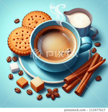 cup of coffee and cinnamon sticks 113977627
