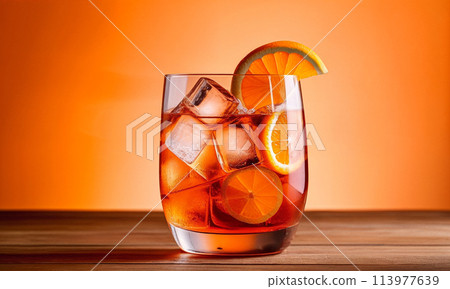Orange Aperol cocktail with ice cubes and orange slices in a glass. Indoors in a photo studio on a table 113977639