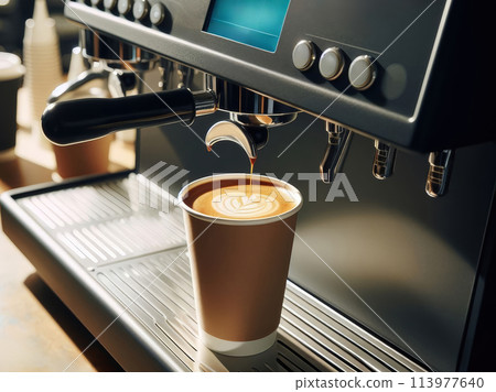 coffee machine and coffee machine on wood table 113977640