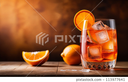 Orange Aperol cocktail with ice cubes and orange slices in a glass. Indoors in a photo studio on a table, copy space 113977641